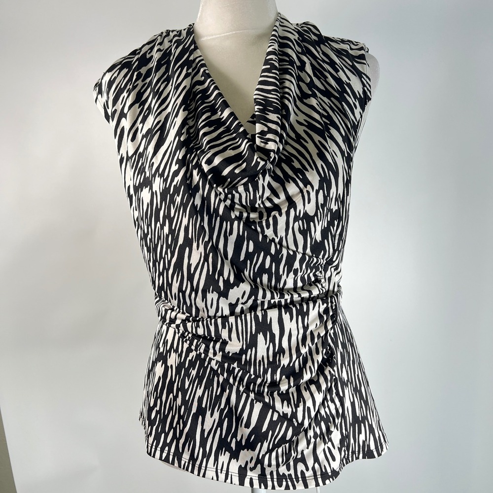 Dana Buchman Womens XL Black White Abstract Animal Print Cowl Neck Y2K Top